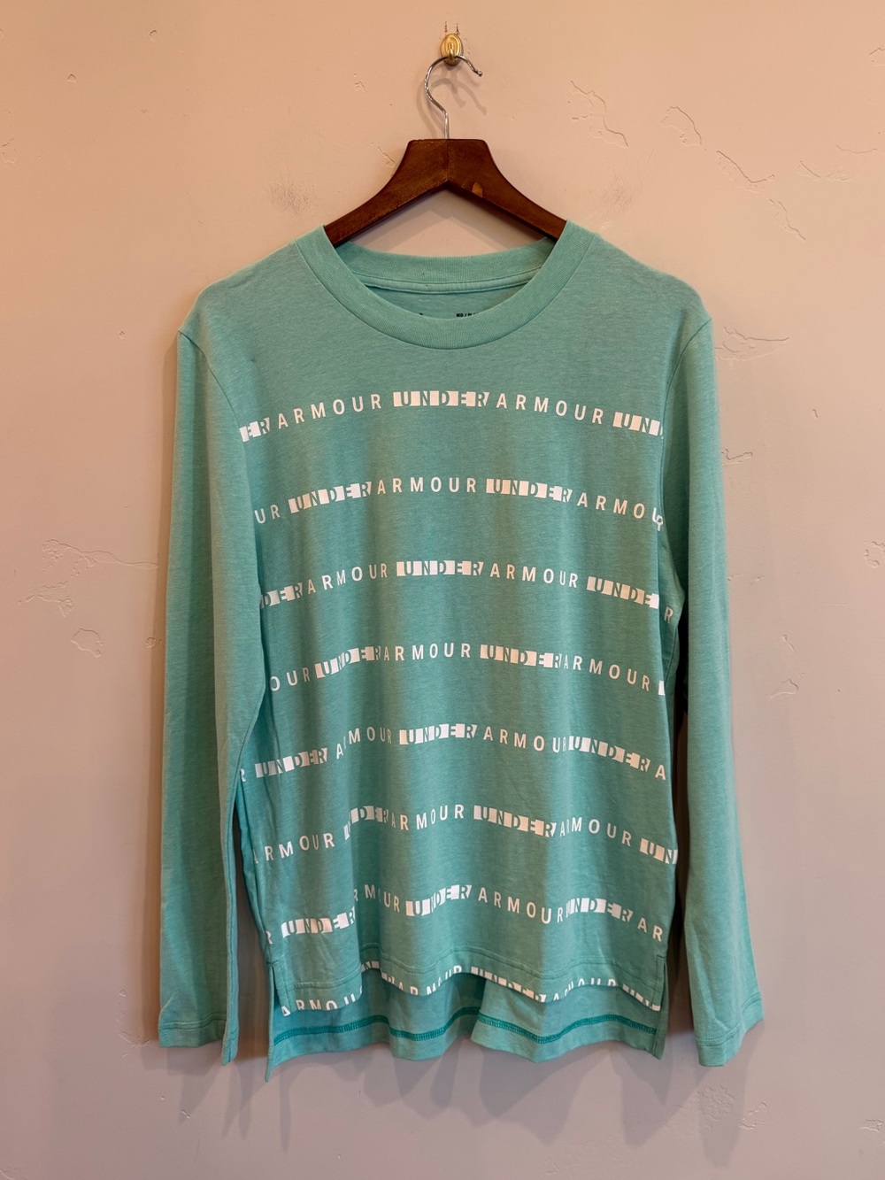 UNDER ARMOUR Minty Teal Green Striped Logo Cotton Blend Long Sleeve Top